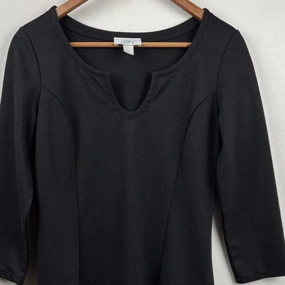 Ann Taylor LOFT Open Neck Basic Black Dress Size 4 Long Sleeve work Core
